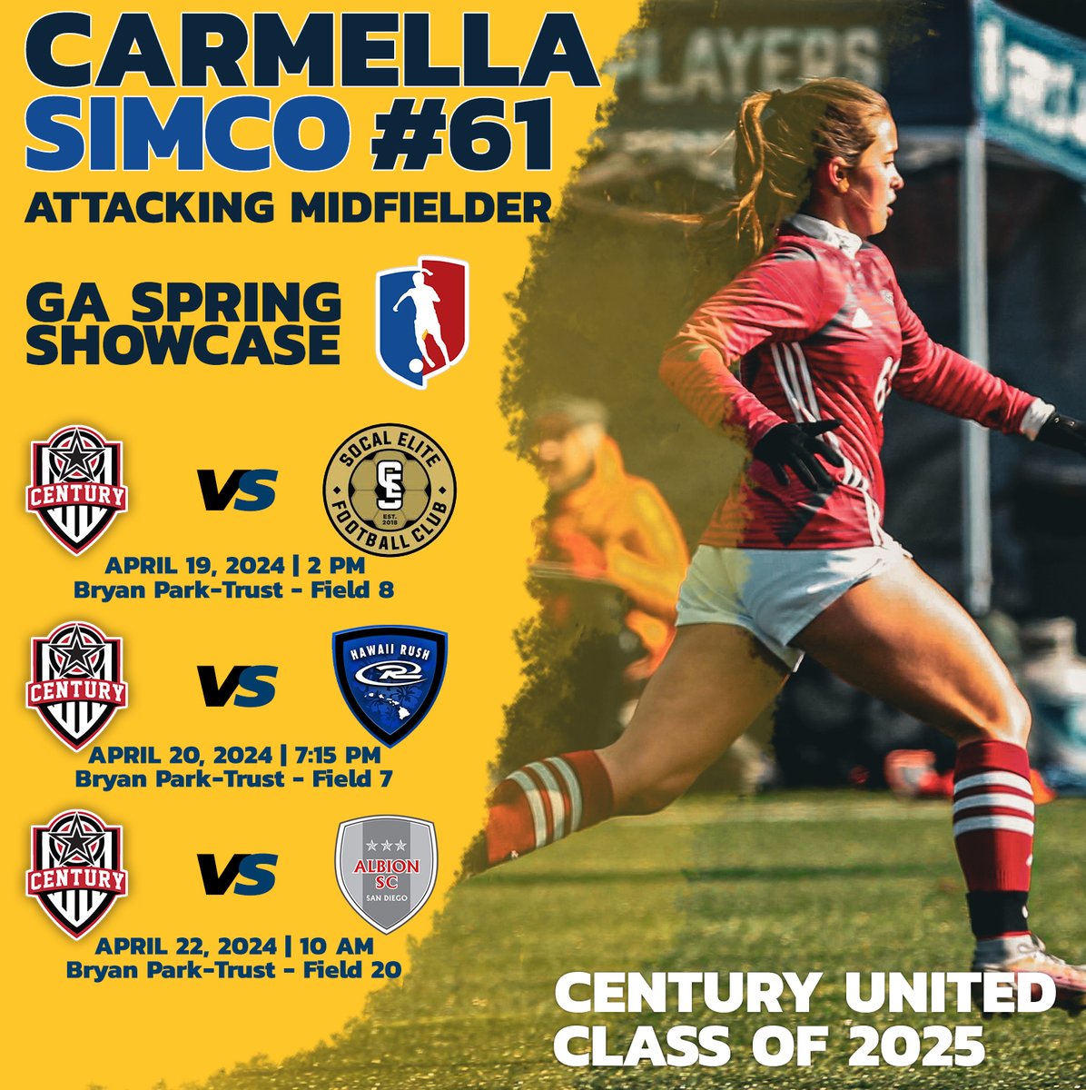 Next week starts the GA Showcase! Can't wait!
<a href="/GAcademyLeague/">Girls Academy</a> 
<a href="/Century_Utd/">Century United</a> 
<a href="/PrepSoccer/">Prep Soccer ⚽️</a>
<a href="/TopDrawerSoccer/">TopDrawerSoccer</a>
<a href="/ImYouthSoccer/">ECNL/GA/Recruiting/College Soccer</a>
<a href="/TheSoccerWire/">SoccerWire</a>