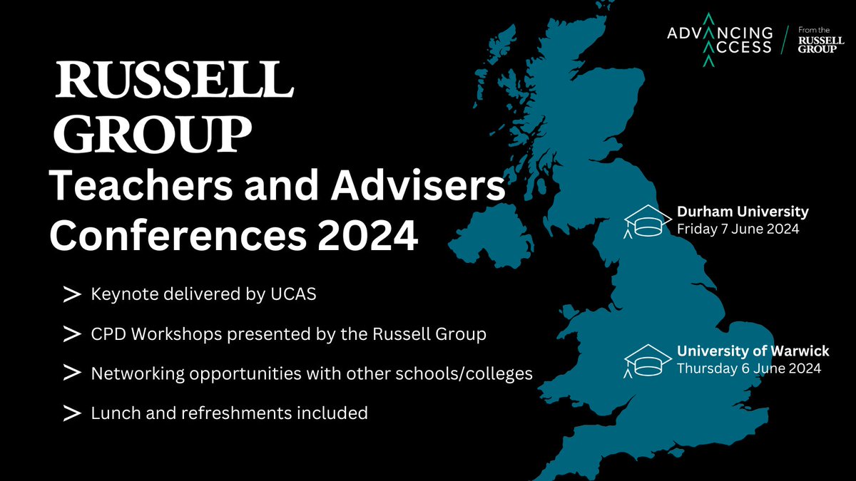 🎓Secure your place at the @RussellGroup Teachers and Advisers Conferences 2024! 📅Thurs 6th & Fri 7th June 2024 🏛️University of Warwick & Durham University One-day, free-of-charge conferences, packed with the latest HE information! Book now: bit.ly/RGConference