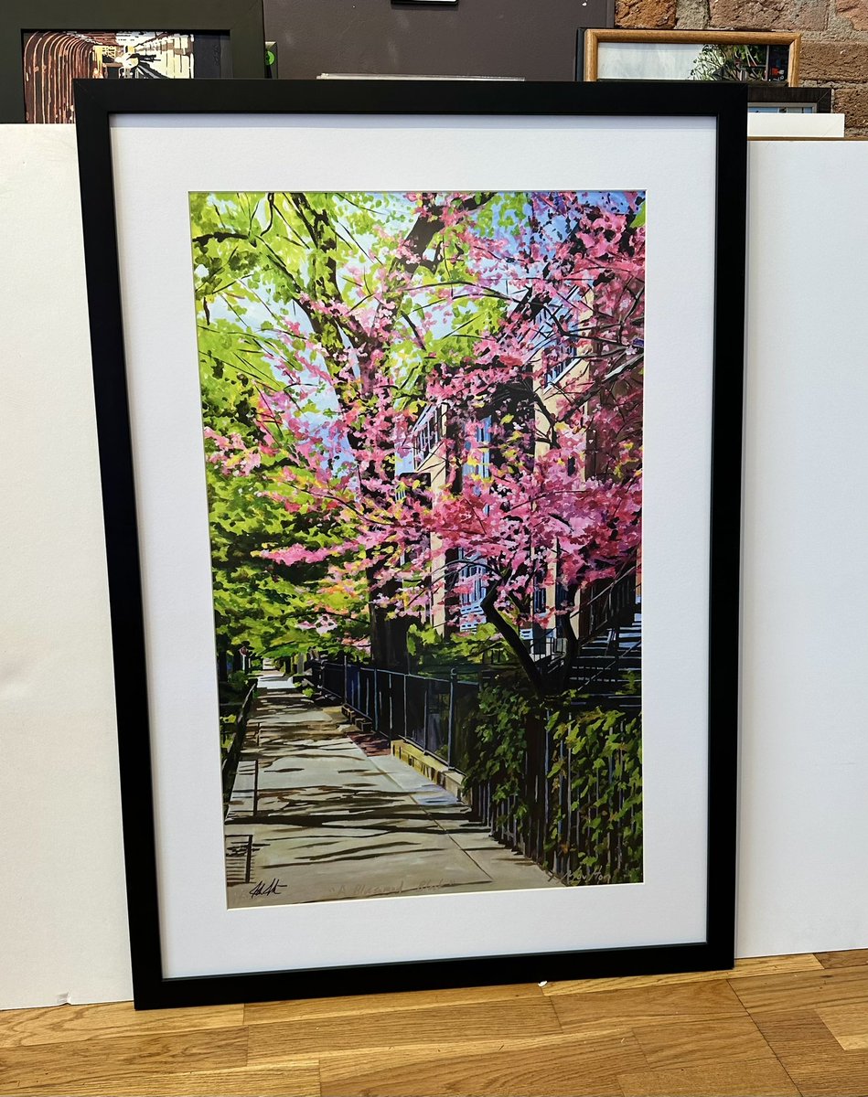 XL matted and framed print I just made for a customer. Of the painting “A Blossomed Block” which is receiving a lot of attention and interest from people passing by the gallery. I’ve got it right by the window. #art #artgallery #painting #print #chicago #lincolnpark #spring