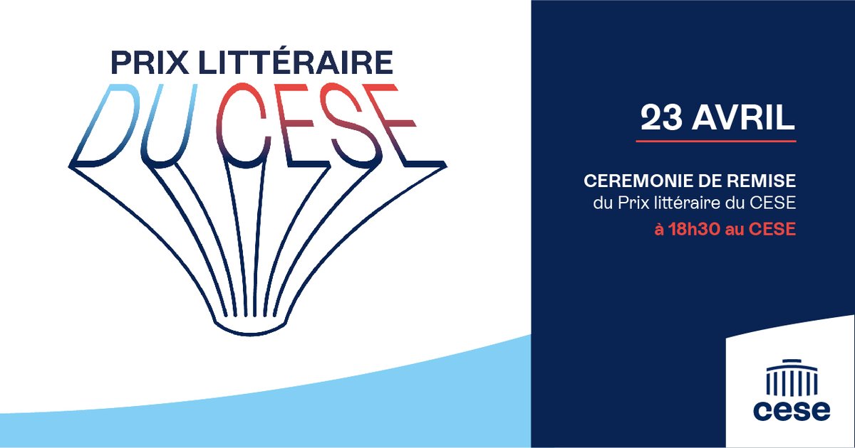 Le #CESE vous donne rendez-vous le 23 avril pour la Cérémonie de remise de son prix littéraire ! 5 finalistes ont été sélectionnés par le jury 🤩 Inscrivez-vous dès maintenant pour les découvrir & connaître le lauréat en direct du CESE 👇 forms.gle/j4pkaZtbxJvmch…