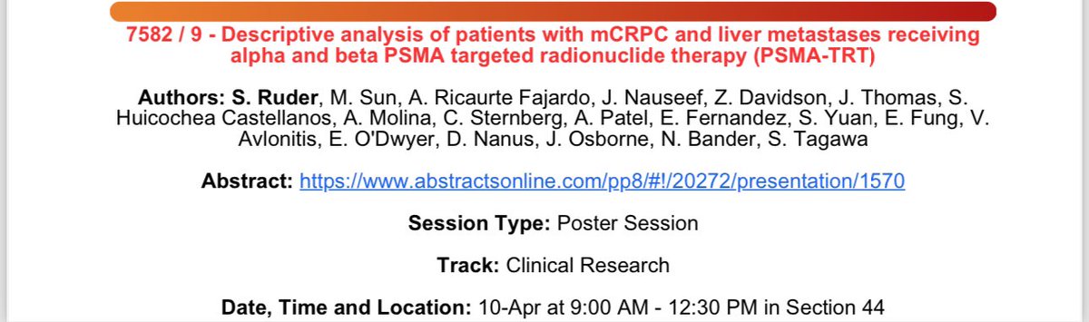 Today at #AACR24 @RealSamRuder Hem Onc Fellow will present our collaborative work with @WCMGUcancer about mCRPC and liver metastases receiving alpha and beta PSMA TRT. @WCMRadiology @WCM_MeyerCancer abstractsonline.com/pp8/#!/20272/p…