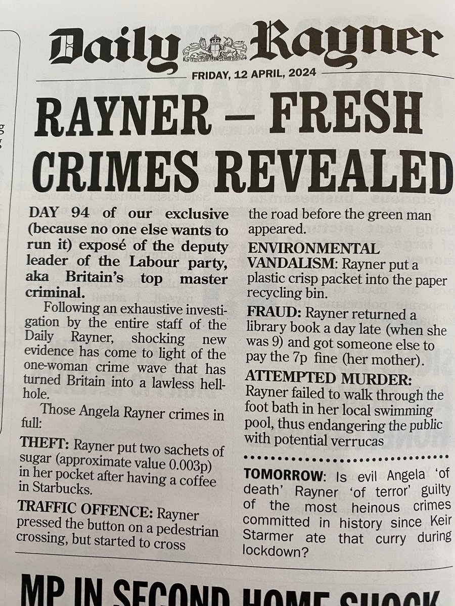 “Rayner put two sachets of sugar(approximate value 0.0003p) in her pocket after having a coffee in Starbucks.” @PrivateEyeNews⁩ 😆