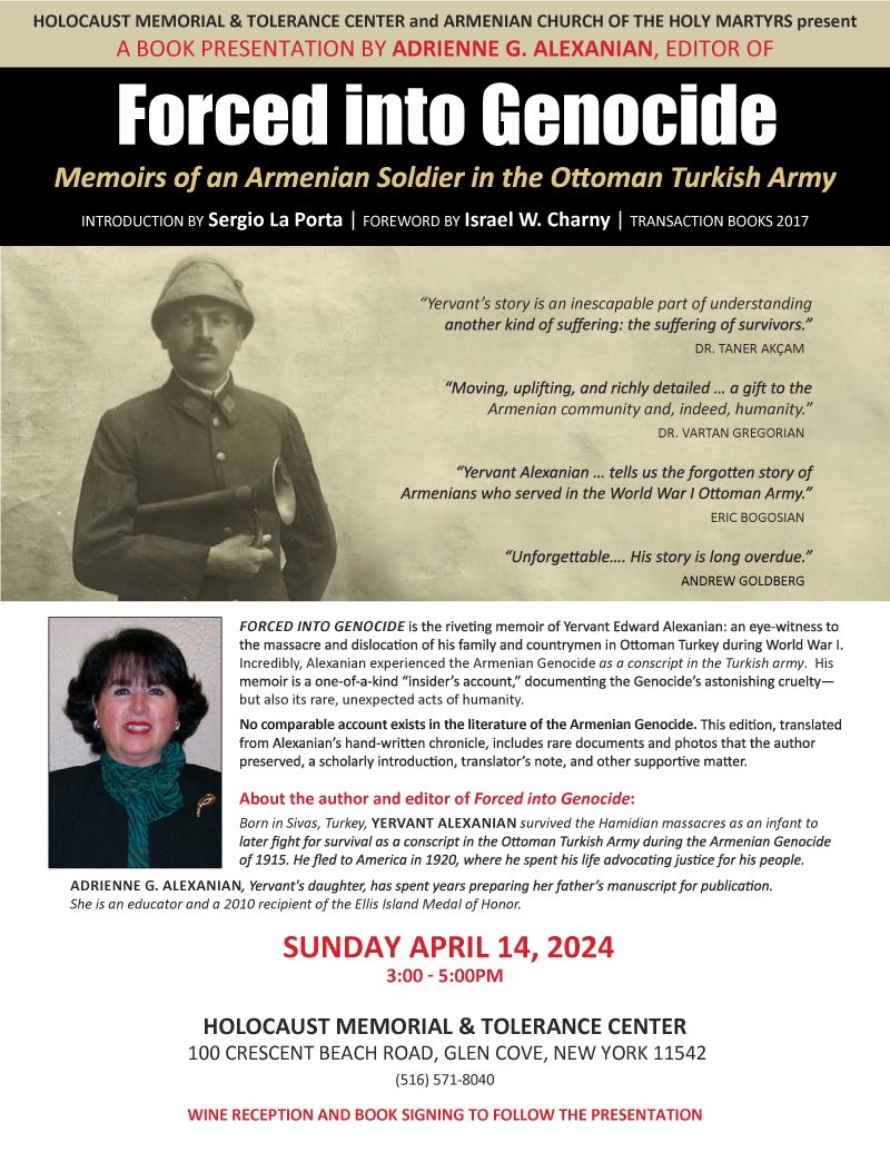 THIS SUNDAY: HMTC invites you to join us in-person to commemorate Armenian Genocide Remembrance Day this Sunday, April 14 at 3pm at our center in Glen Cove. FREE EVENT, but spots are limited. Please RSVP here: hmtcli.org/events