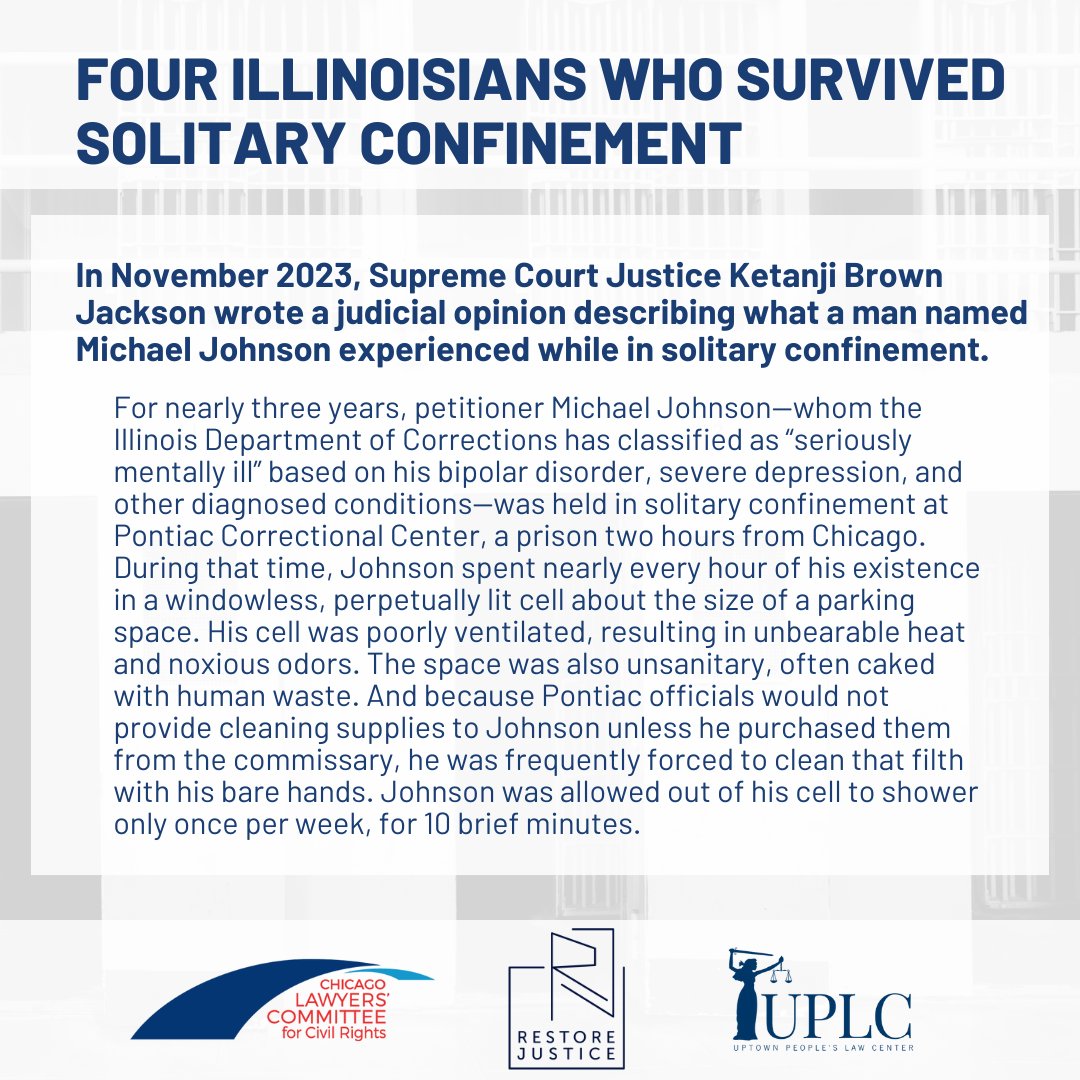 Today, @ChgoCivilRights, Restore Justice, and @uplcchicago have released a critical report titled “Ending Long Term Solitary Confinement in Illinois” describing the urgent need for solitary confinement reform in Illinois. Read the full report here: buff.ly/4aN1W6L