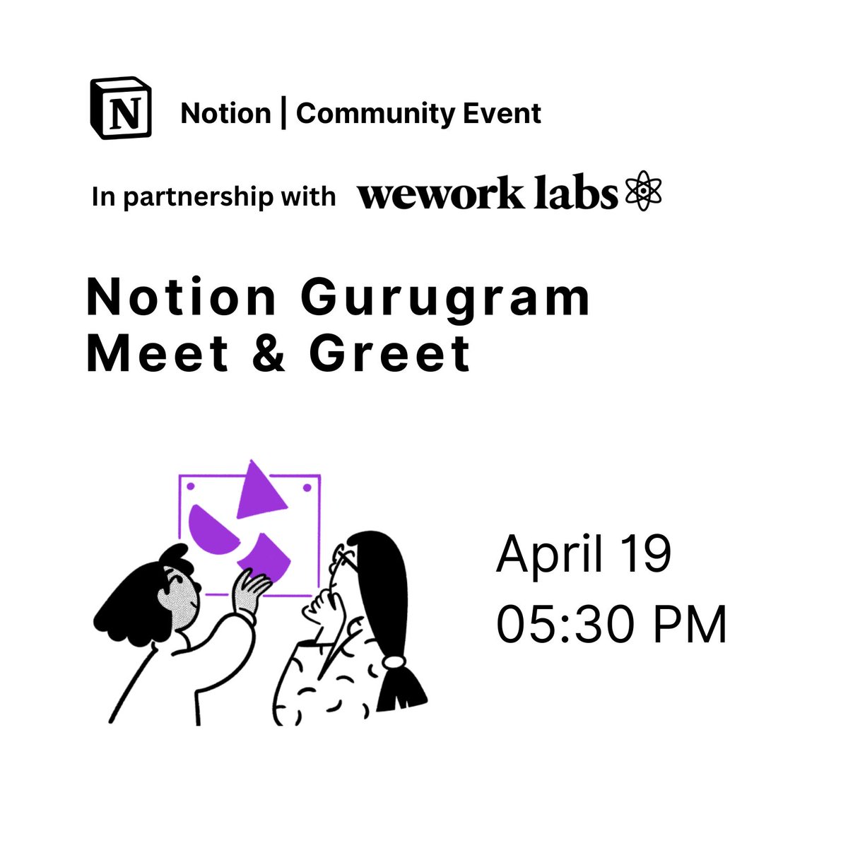 Gurugram, get ready! After our awesome @NotionHQ meetups in Bangalore & Chennai, we're bringing the Notion vibes to Gurugram! Hey Notioners, startup folks, and productivity pros - this one's for you. Come join us! Also, a big shoutout to #WeWorkLabs for partnering with us on…