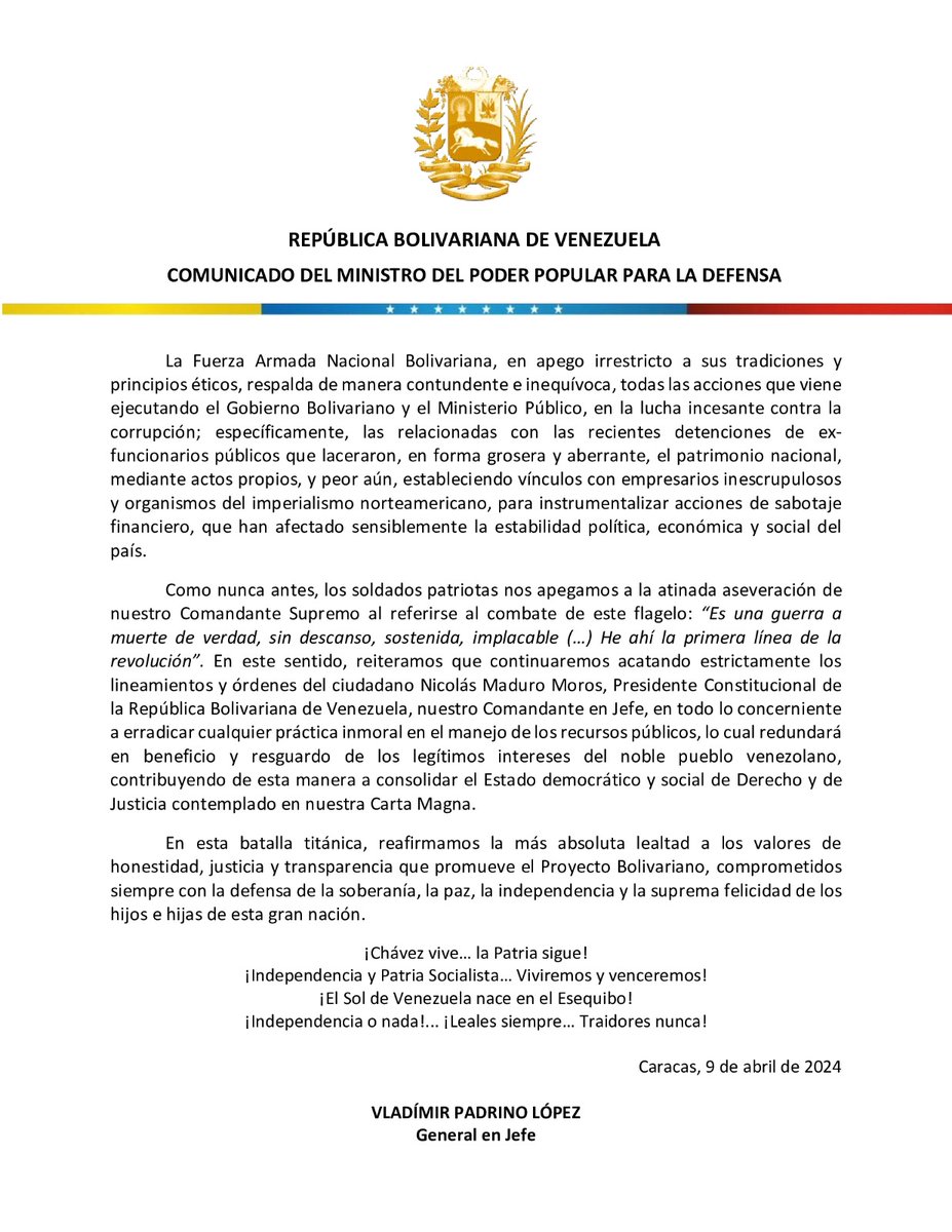 📣📝Comunicado Oficial de la Fuerza Armada Nacional Bolivariana, en respaldo a la lucha incesante contra la corrupción.
