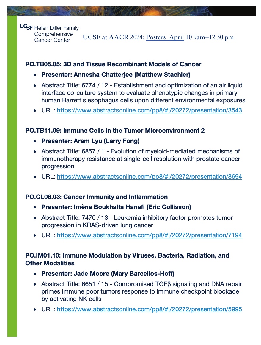 UCSFCancer's tweet image. Wednesday, April 10th @UCSF at #AACR morning posters include 3D and Tissue Recombinant Models of Cancer (@MatthewStachler lab); Immune Cells in the Tumor Microenvironment (@lawfong lab) &amp;amp; more.  Full poster list: ow.ly/FGcI50RbN1T