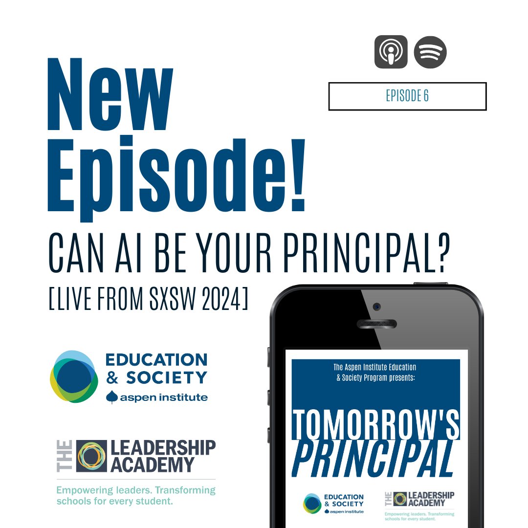 The latest episode of Tomorrow’s Principal is now available! Tune in to hear @GenePinkard, @nancybgutierrez, Eva Mejia of @ideo, and @KPSSupt deep dive into the intersection of #AI and school leadership. aspeninstitute.org/podcasts/tomor… #K12