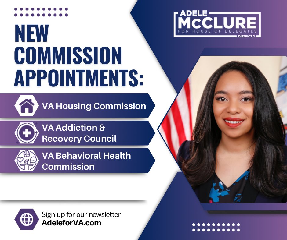 Excited to announce my new commission appointments by Speaker @DonScott757! As a longtime member of many related state & local boards, I look forward to serving & contributing to the Virginia Housing Commission, Addiction & Recovery Council, & the Behavioral Health Commission!