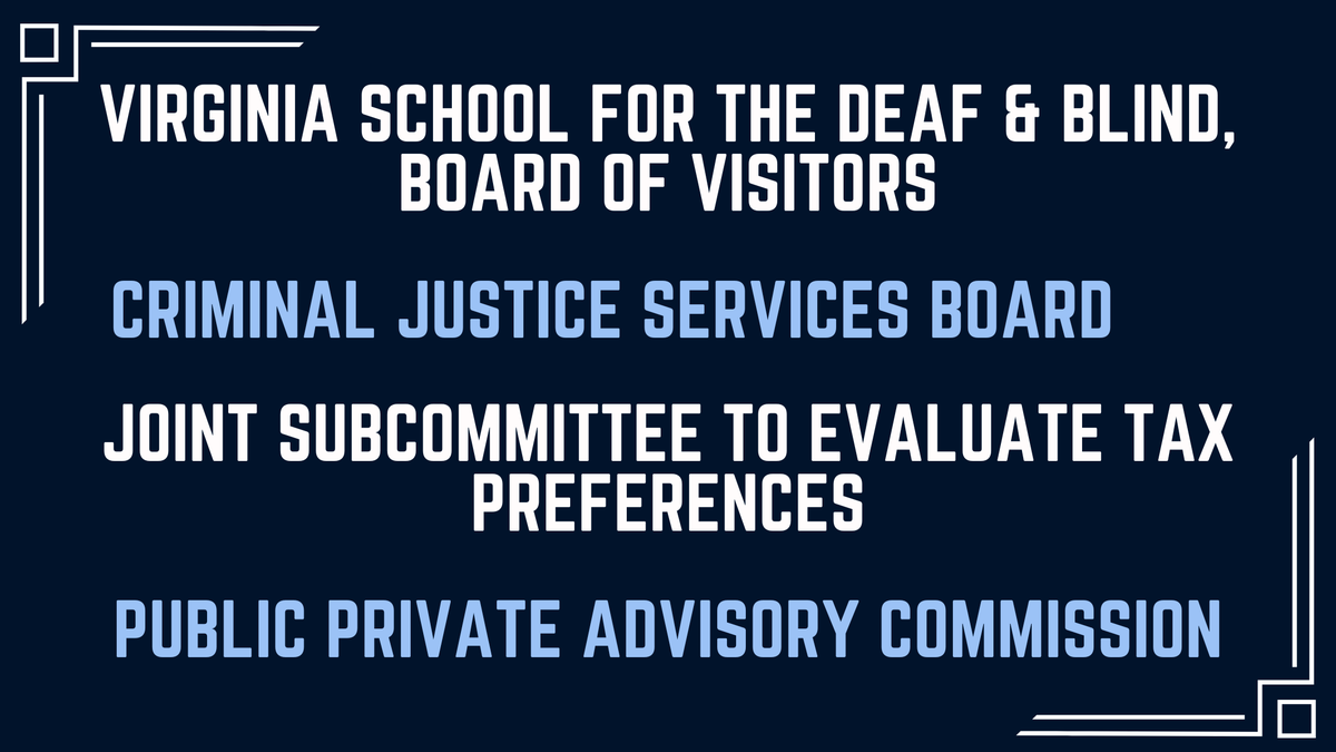 I want to thank Speaker @DonScott757 for appointing me to the following commissions & boards. I appreciate these opportunities to serve Virginia, and perhaps put my ASL skills to use, too!