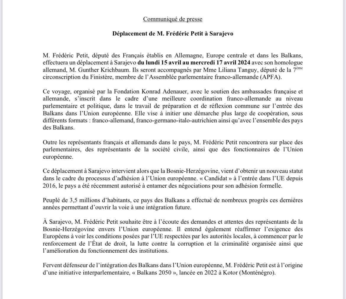 🇧🇦 Je serai à Sarajevo du lundi 15 au mercredi 17 avril. Je m’y rends avec des collègues parlementaires français 🇫🇷 et allemands 🇩🇪 Ce déplacement, à mon initiative, s’inscrit dans le cadre d’une meilleure coordination franco-allemande au niveau parlementaire et politique, dans…