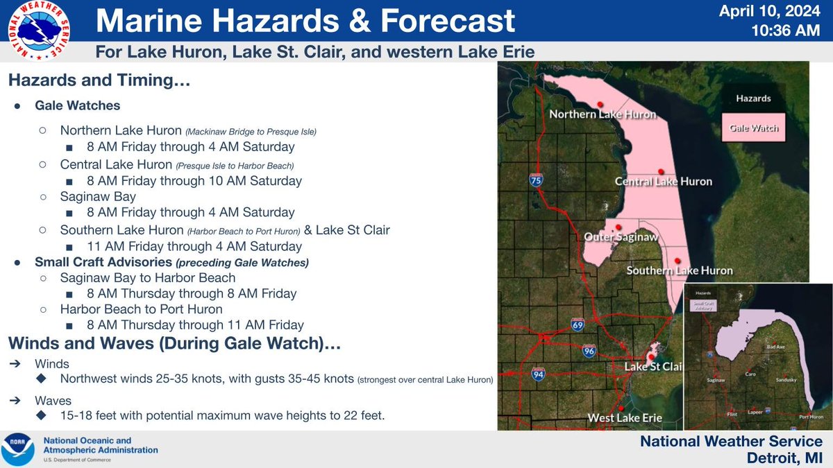 Small Craft Advisories are in effect around the Thumb Thursday. Gale Watches are up for all of Lake Huron open waters, the Thumb nearshore waters, and Lake St Clair Friday into Saturday morning. #miwx