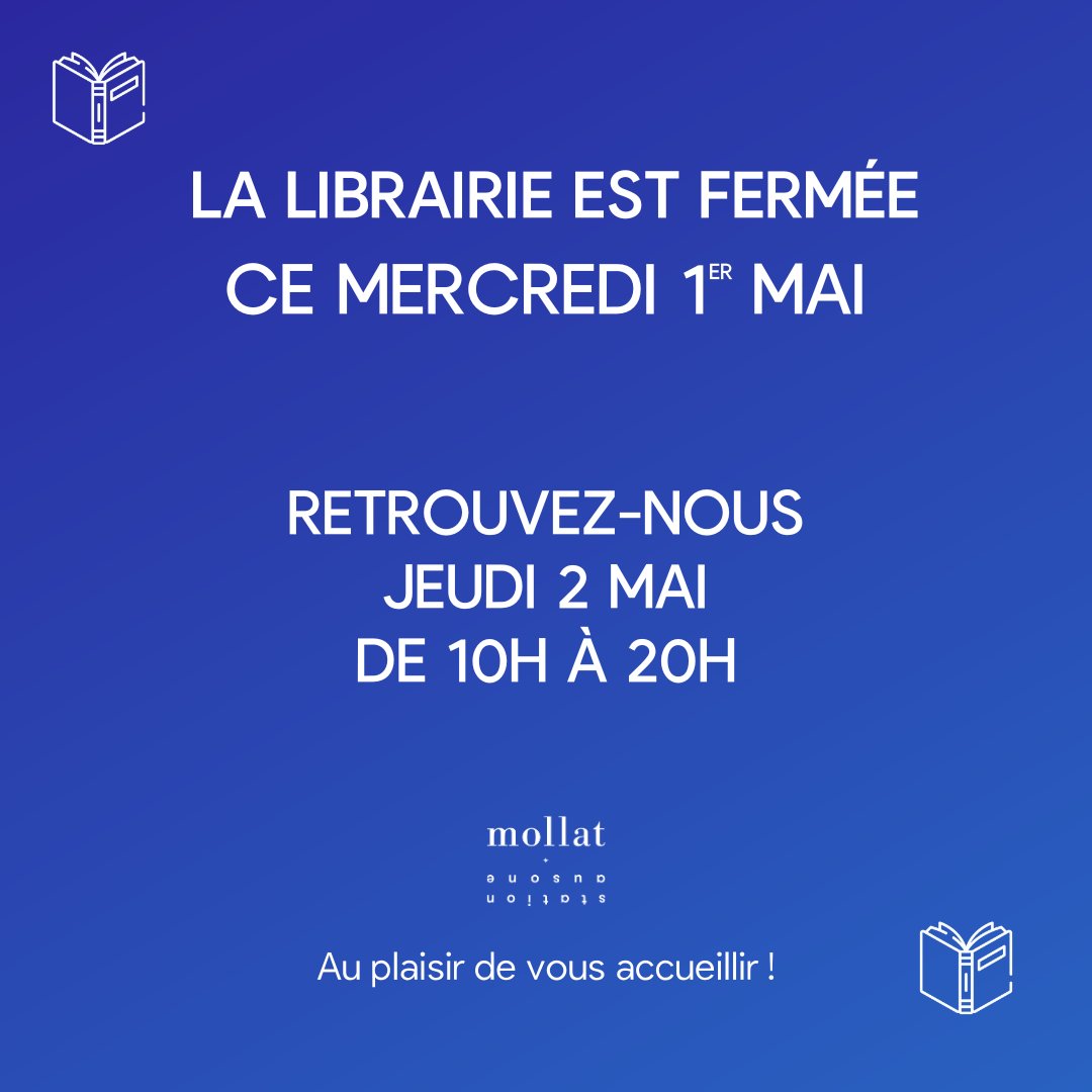 ⌚ HORAIRES JOURS FÉRIÉS POUR LE MOIS DE MAI💐 🚧 La librairie est fermée ce mercredi 1er mai. 🎉 Nous aurons le plaisir de vous accueillir le mercredi 8️⃣, le jeudi 9️⃣ et le lundi 2️⃣0️⃣ mai de 11h à 19h. Très bonnes lectures à tous !