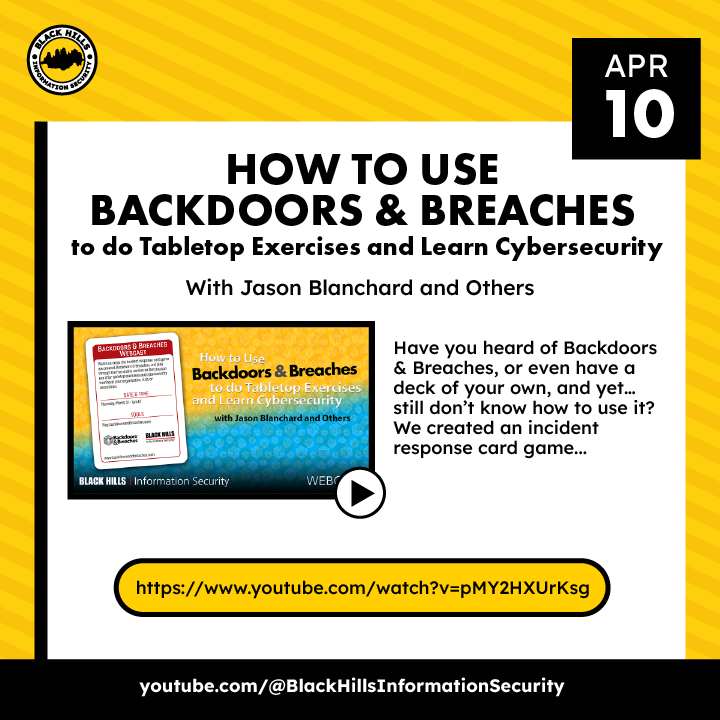 Day 101 of 366 Days of Cyber The product of our love, knowledge, and more love for the cybersecurity community, Backdoors & Breaches, an Incident Response Card Game can teach you a lot! Watch our video to learn how to use it for education and training: youtu.be/pMY2HXUrKsg…