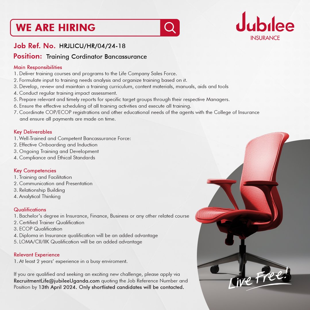 Hiring @JubileeInsUG 

Training Coordinator Bancassurance