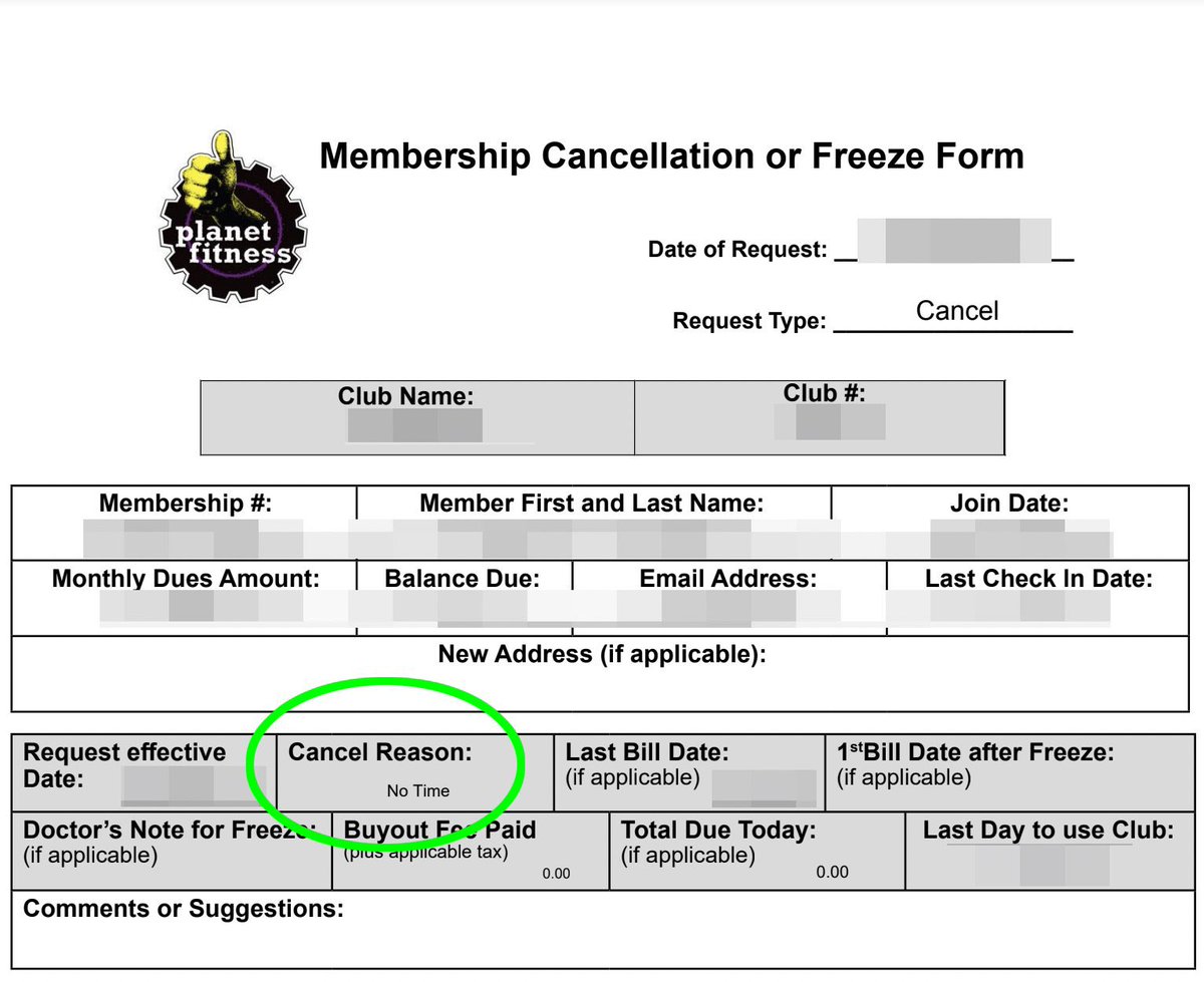Planet Fitness is covering up cancellations!! A follower sent this to me and says he explicitly told them he’s quitting because of their woke policies. They instead wrote “no time” as the cancellation reason. Why is @PlanetFitness covering up the fact that women don’t feel safe…