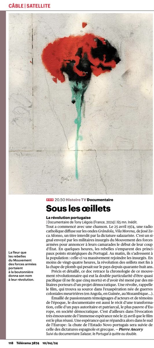 📰🖌️Découvrez l'article de @Telerama sur 'SOUS LES ŒILLETS, LA RÉVOLUTION PORTUGAISE' un film de Tony Liégois, produit par @StudioFactOff – TV Presse diffusé le mercredi 17 avril à 20h50 sur Histoire TV.📺