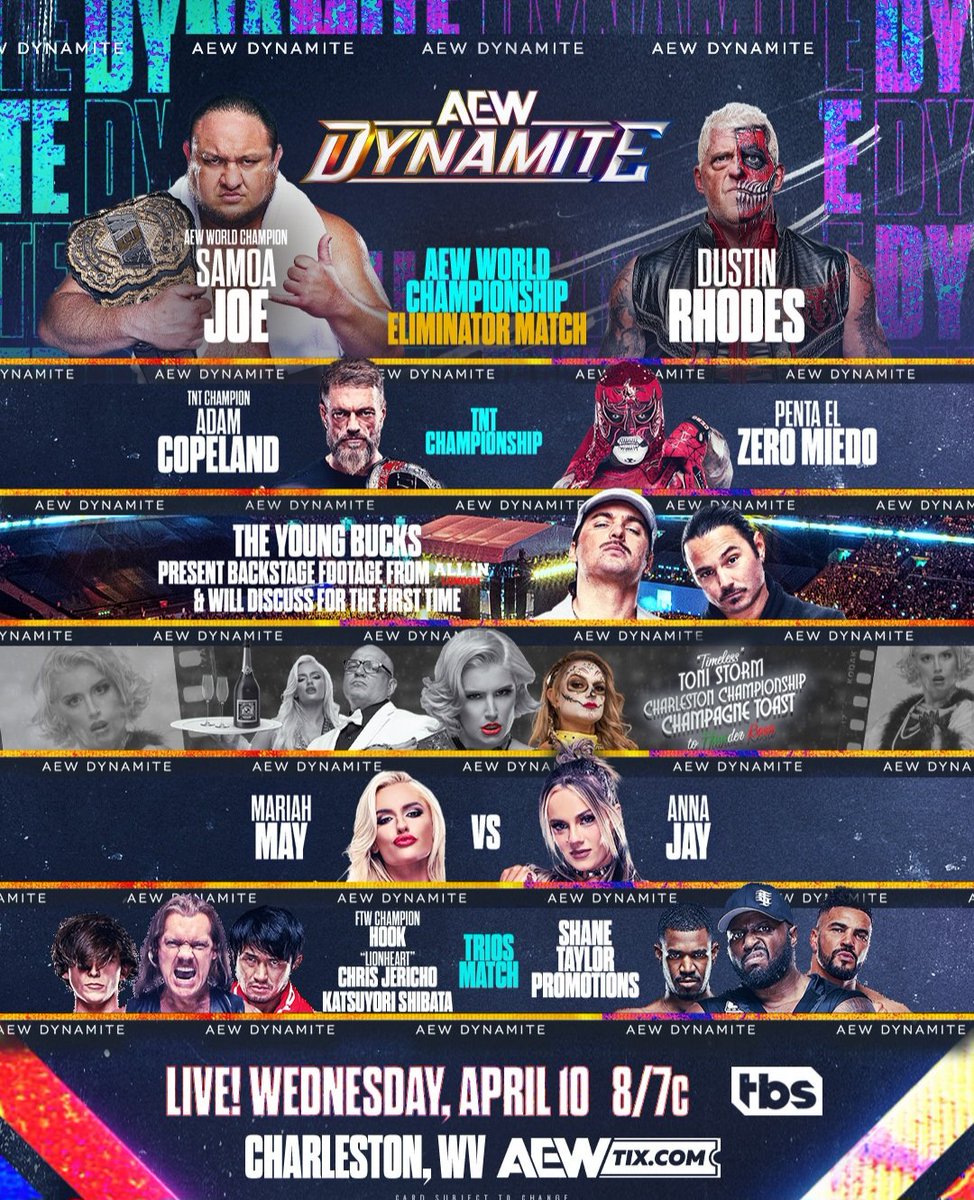 Tonight on Dynamote, Lionhook & Shibata vs Shane Taylor Promotions. We hear from Toni Storm. Mariah May vs Anna Jay. Young Bucks to present backstage footage and discuss. Adam Copeland vs Penta. Samoa Joe vs Dustin Rhodes. #AEW #AEWDynamite #Dynamite #TNT #SamoaJoe