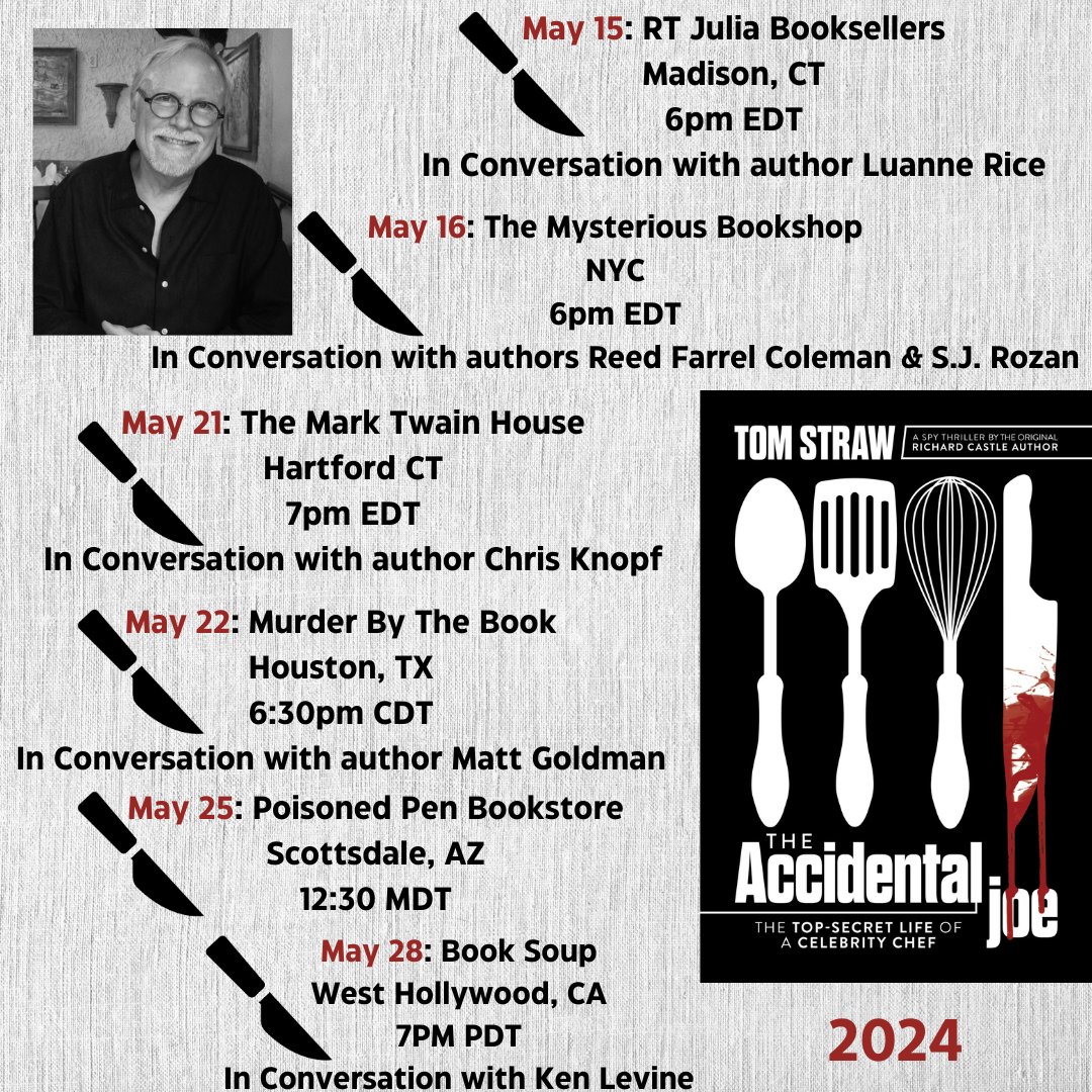 Look what the pride of Boston, Gabriel Valjan, made for me to post! My in-person tour calendar for THE ACCIDENTAL JOE. In addition to being a generous soul, @GValjan is a great mystery author. Check out his latest, THE BIG LIE, here: amazon.com/s?k=the+big+li…