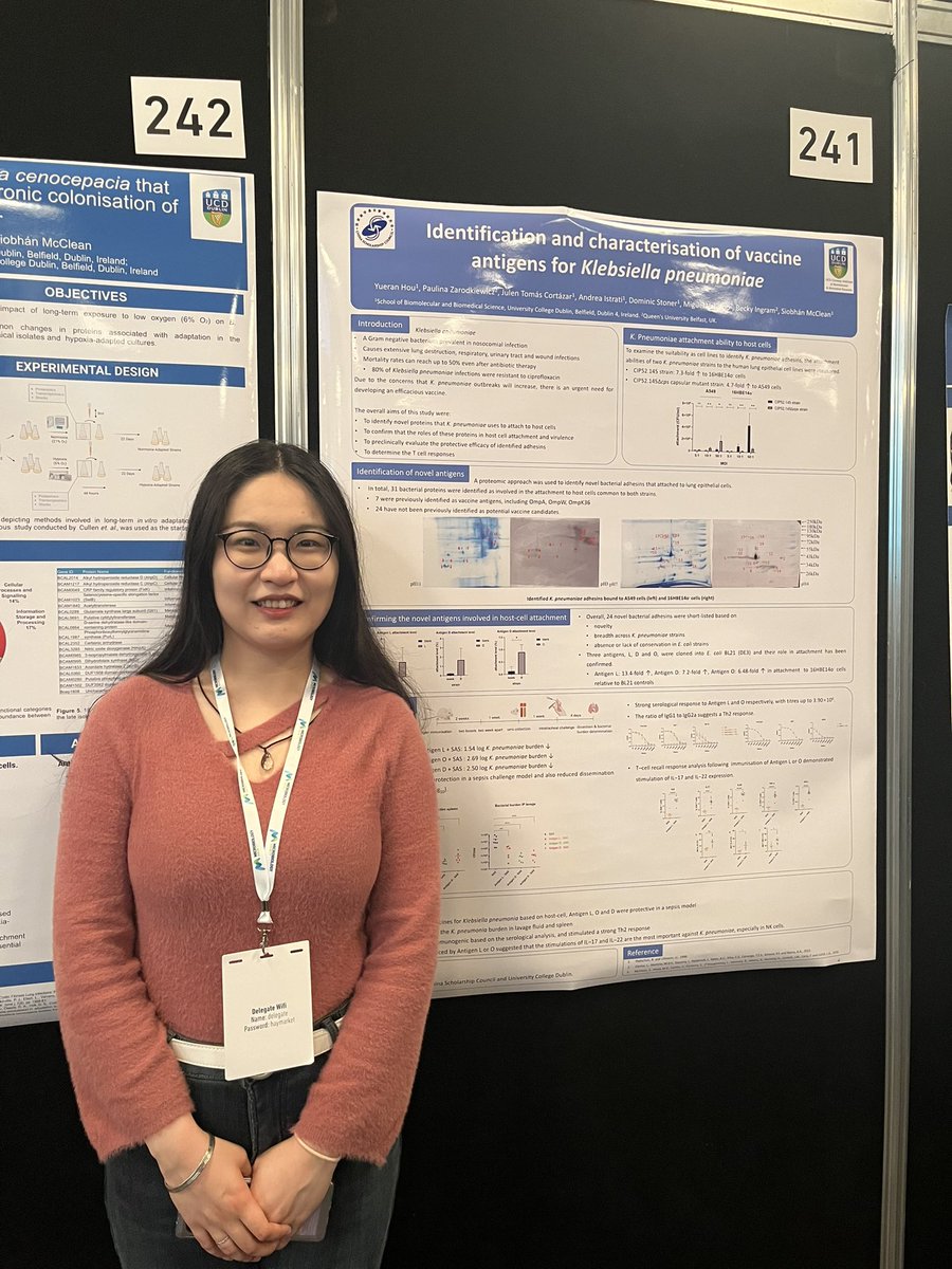 @YueranH presenting her poster outlining discovery of her #klebsiella  vaccine antigens. She identified several protective  antigens over the course of her PhD that reduce klebsiella burden in a sepsis model by ~2log. #Microbio24 @MicrobioSoc #VaccinesWork
@UCD_Conway @UCD_SBBS