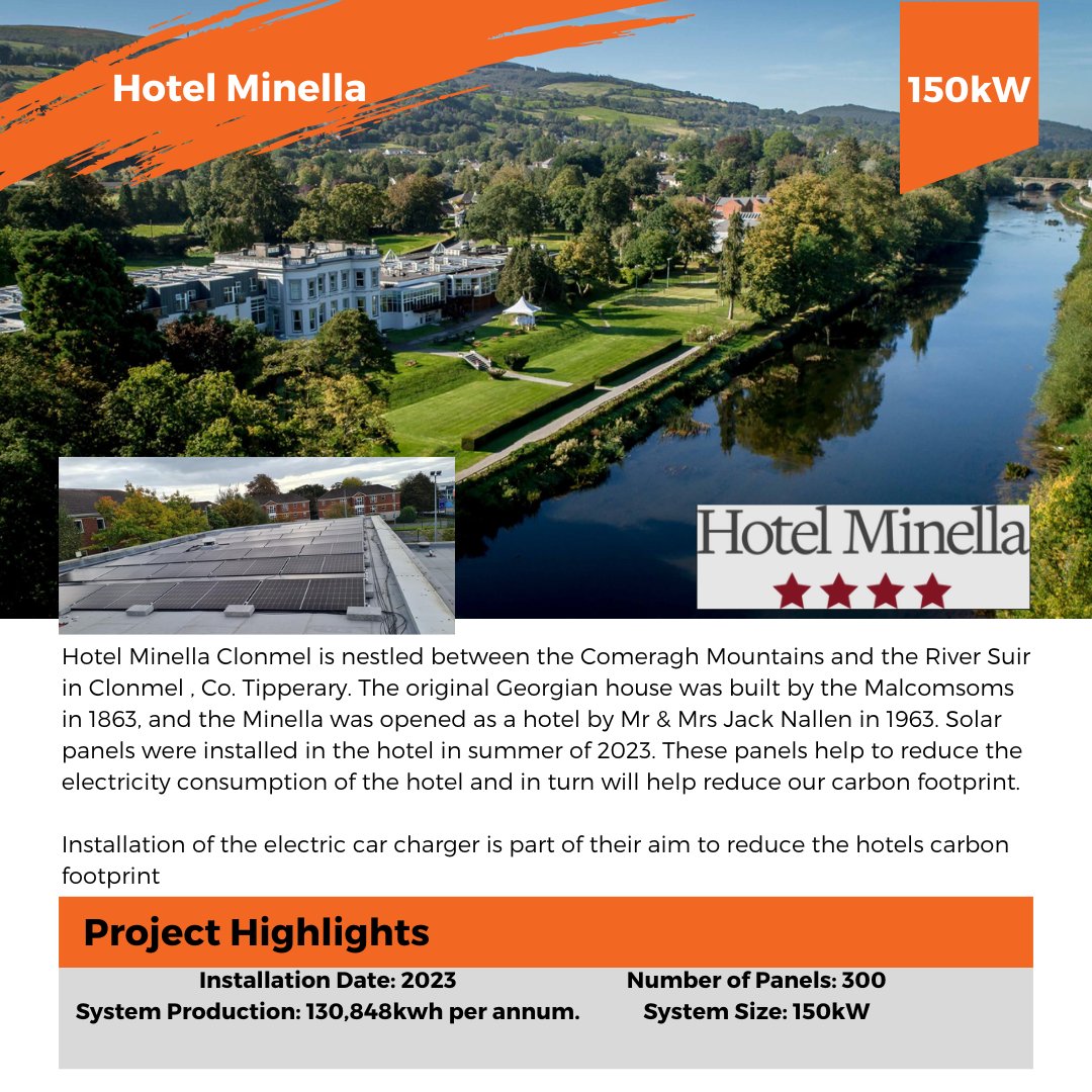 Over the next few weeks we will showcase some of our recent #solarpv projects in #hospitality and #leisure centres around the country. First off, we head to the town of #Clonmel in #Tipperary with the beautiful #HotelMinella!