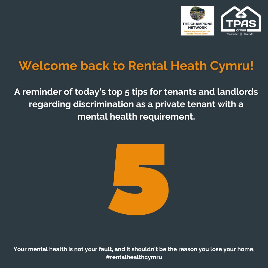 A reminder of today’s top 5 tips for tenants and landlords regarding discrimination as a private tenants with a mental health requirement ⤵️ #RentalHealthCymru @TaiPawb (1/6)