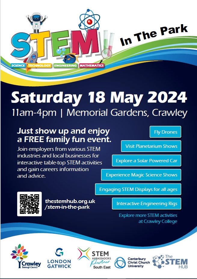 Just turn up for FREE #STEMInThePark24 which will inspire young people to consider #STEM subjects & the varied #careers available. Meet our exhibitors for STEM inspiration 18 May, 11am-4pm info: tinyurl.com/y369mpj7 #Parents #Teachers #Sussex @crawleybc @Gatwick_Airport