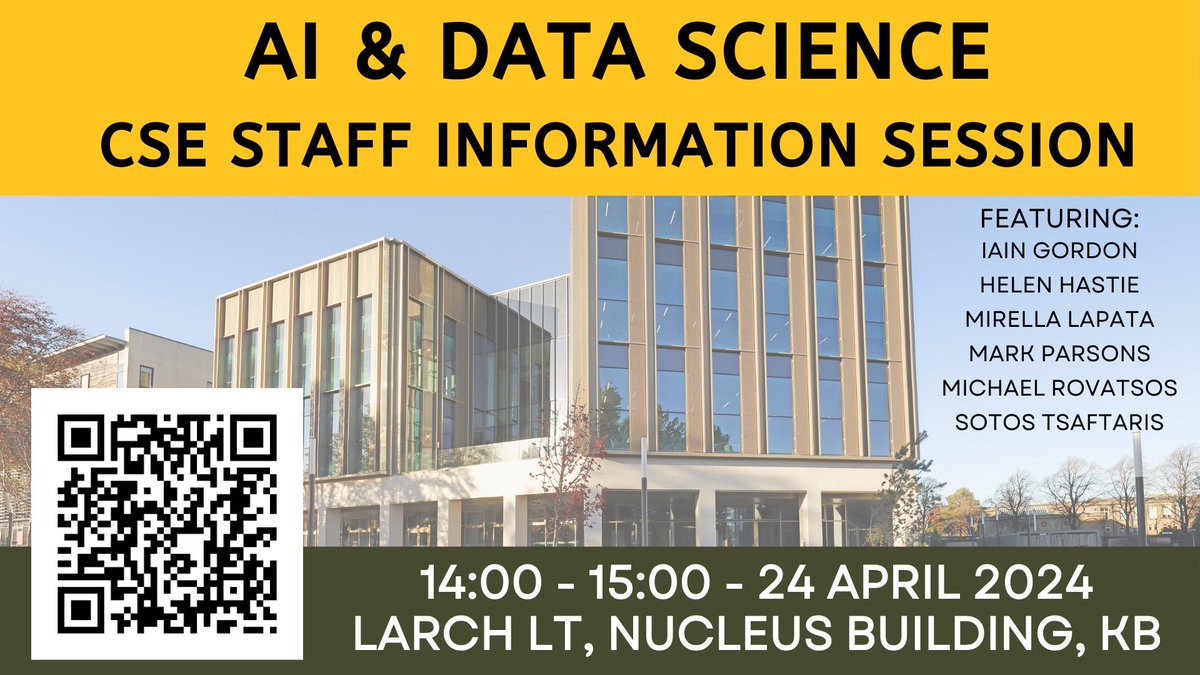 Staff @ColSciEng join us for our first ever College Staff Information Day - an in-person seminar on the theme of 'AI and Data Science'. Hear from colleague leaders in the field and stay for networking and refreshments afterwards. 24 Apr 2024 2-3pm Book: edin.ac/3JxYem9