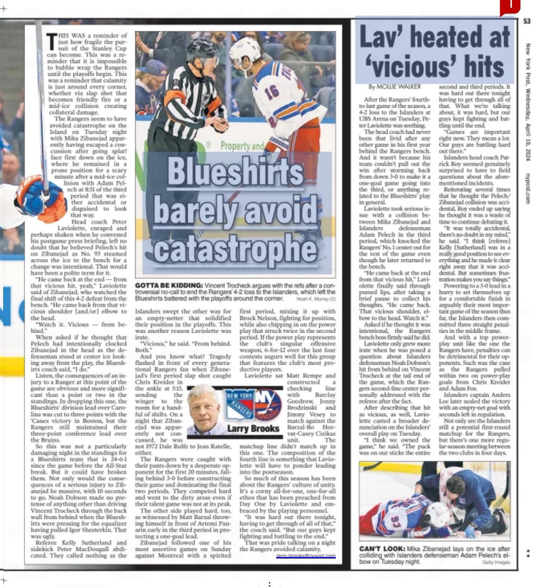 #NYR & #Isles spread in today’s @nypost ⬇️ Isles show playoff promise➡️bit.ly/3vKVrme Peter Laviolette furious over ‘vicious’ hits➡️bit.ly/4arG69i Wheeler update➡️bit.ly/4aAdR8w Brooks: Mika Zibanejad scare serves as reminder➡️bit.ly/3vDGOBd