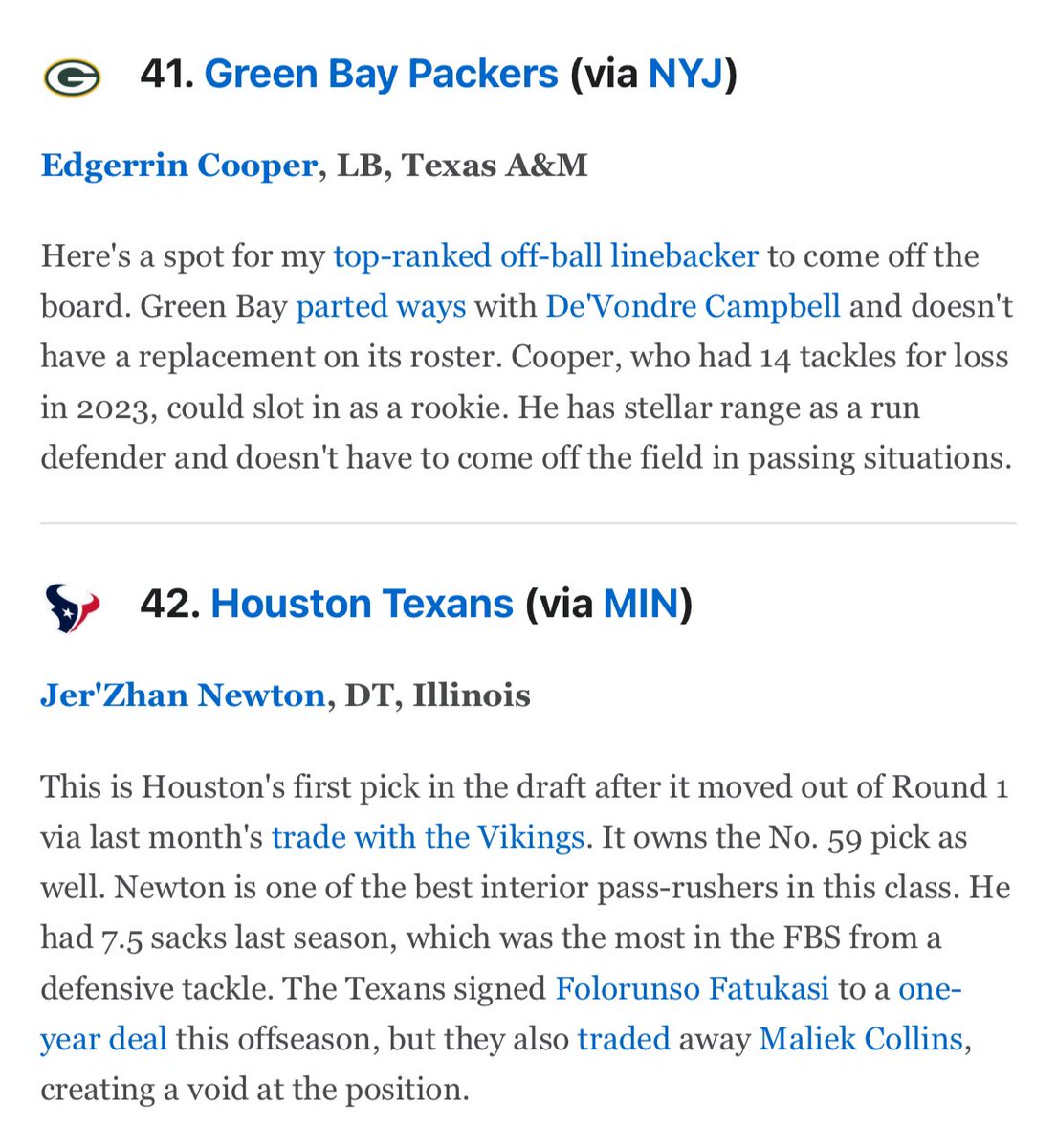 Packers take Edgerrin Cooper at Pick 41 in Mel Kiper’s latest mock draft 👀