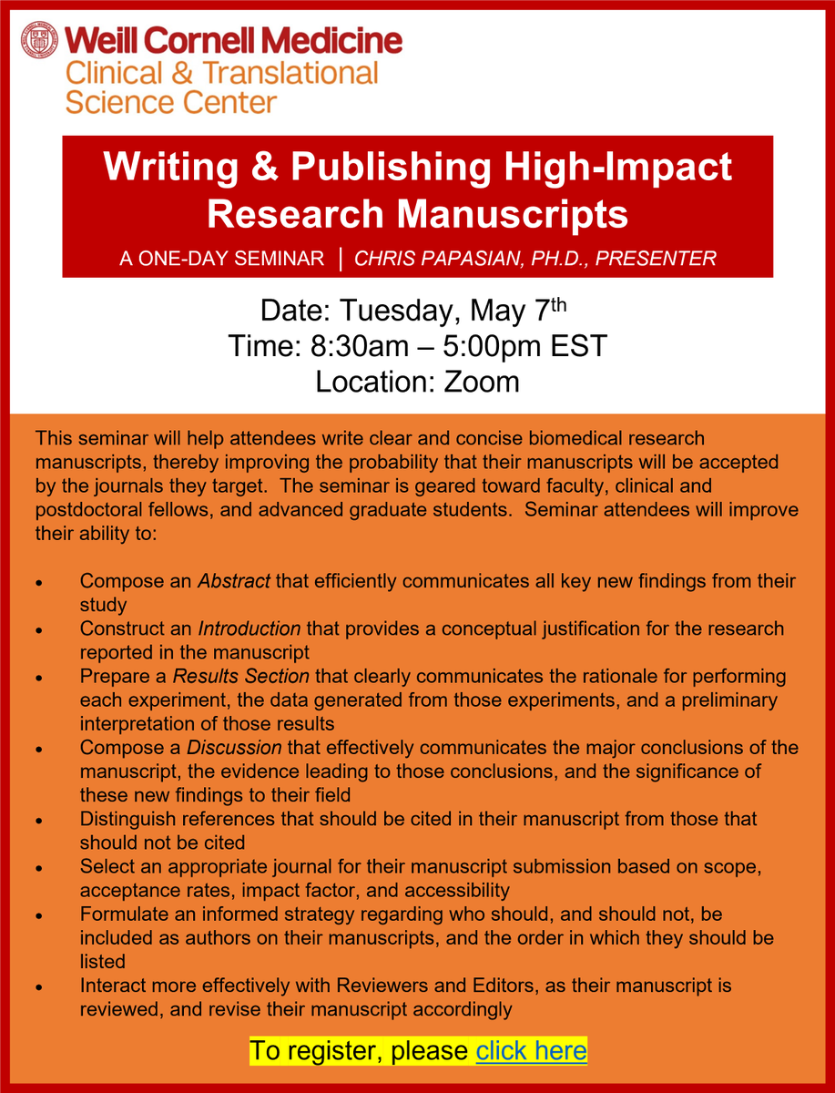 Register below for CTSC Manuscript Writing Workshop - May 7, 2024 eventbrite.com/e/writing-and-… @WCMC_CTSC @WeillCornell #CTSC