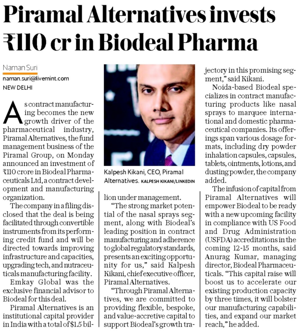 We are immensely grateful for Piramal Alternatives for showing belief in our potential and the recent investment of Rs 110 Crore in Biodeal Pharmaceuticals Limited. thehindubusinessline.com/companies/pira… #biodealpharma #collaboration #PiramalGroup #investment #contractmanufacturing