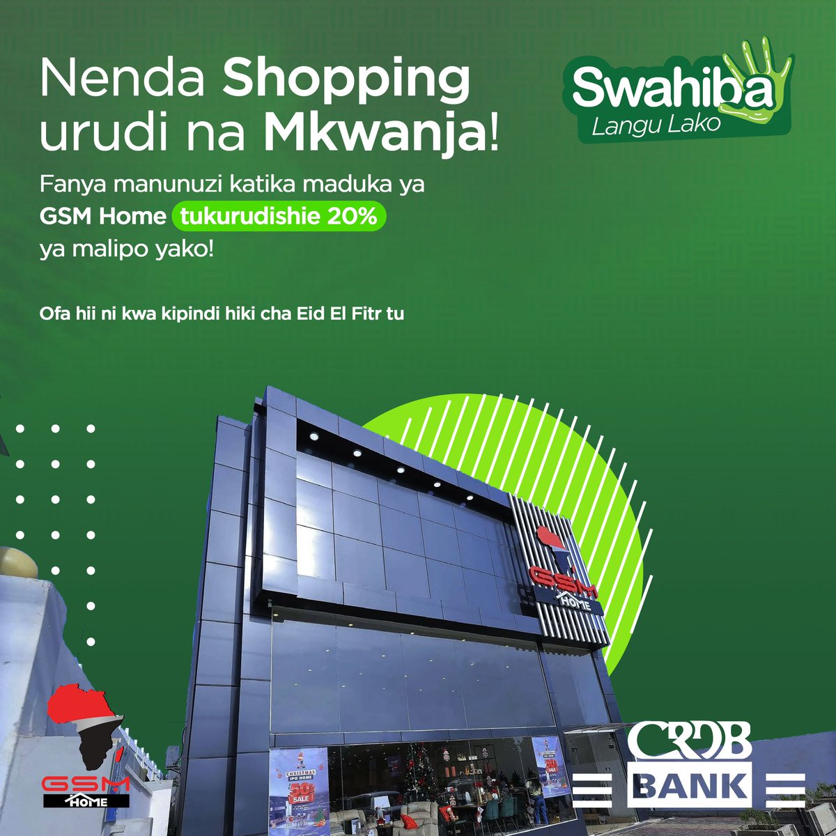 Shopping ya Eid Itapendeza 🛒

Huu ndo muda wa kujichagulia unavyovitaka pale GSM Home, kisha lipia kwa TemboCard ili sisi tukurudishie hadi 20% ya malipo 

Ofa hii ni kipindi cha Eid El Fitr tu.

#CrdbBank 
#Tunakusikiliza