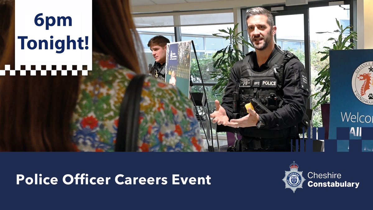 Last chance to sign up for our PC Career Event - TONIGHT at 6pm - orlo.uk/VqYYY We'll give you info on the application process, online assessment, interview, pre-employment and vetting. Meet our serving officers from specialist units: dog, roads & crime and drone!