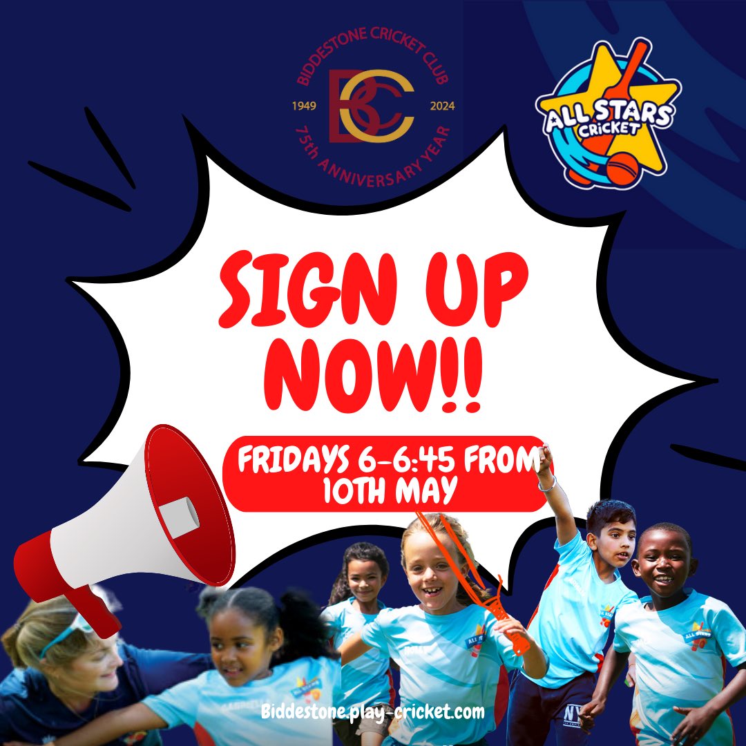Join us on a Fridays this summer! Start your child’s cricket journey with a great community club. Every Friday 6-6:45 from May 10th - 28th June Sign up link 🔗 - ecb.clubspark.uk/AllStars/BookC… #allstars #allstarscricket #cricket #jointheclub #communityclub #biddestonecc