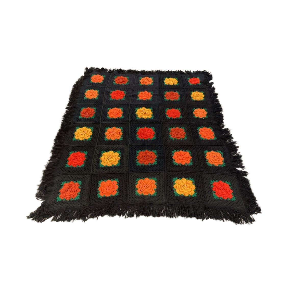 Vintage Crocheted Granny Square Rosette Afghan with Fringe, Black, Orange, Yellow, 1970s, Free Shipping tuppu.net/87cea994  #GrannySquareAfghan