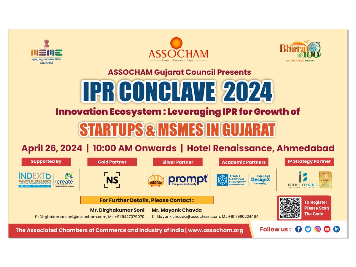 India is envisioned to evolve into a global innovation hub for its competitiveness in intellectual property. A diverse intellectual property ecosystem is crucial for preparing a roadmap towards #ViksitBharat. Gujarat's MSMEs & startups make a notable contribution to the…