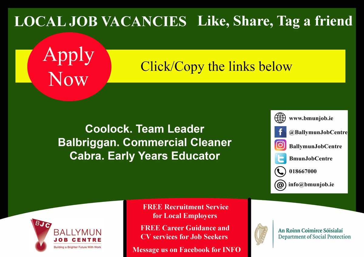👉 Visit us at: Bmunjob.ie

Vacancies #bmunjob #jobfairy #dublinjobS
Coolock. Team Leader
is.gd/nJPpOe
Balbriggan. Commercial Cleaner
is.gd/2ySDgS
Cabra. Early Years Educator
is.gd/gIci8W