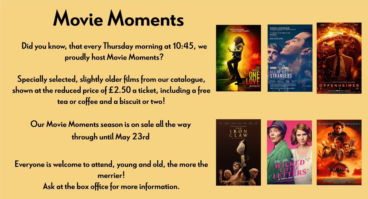 𝐂𝐚𝐫𝐥𝐭𝐨𝐧’𝐬 𝐌𝐨𝐯𝐢𝐞 𝐌𝐨𝐦𝐞𝐧𝐭𝐬! We are now on sale with our new season of Movie Moments from Thursday 18th April at 10:45am for just £2.50 a ticket, a tea or coffee, and a biscuit. Movie Moments are for anyone to attend. Book Now> buff.ly/3xwdvkw
