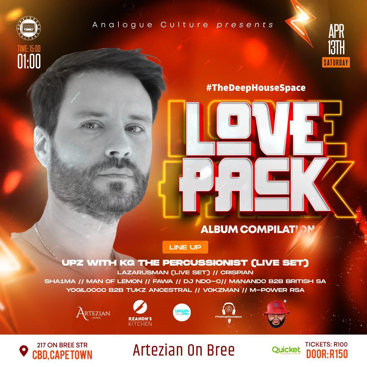 This coming Saturday at Artezian On Bree @DeepHouseSpace1 is launching “The Love Pack” compilation Lineup: @TukzAncestral @UPZsounds @Manando_don @HouseOfLazarus @MPowerRSA @loccolista @FawaMusic @Ndo_C85 @just_crispian @vokzman and more Tickets link👇🏽 quicket.co.za/events/254672-…