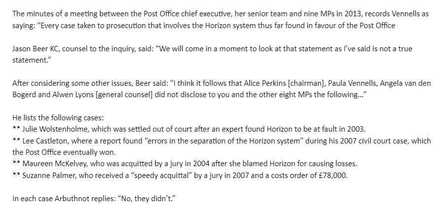 Significant: Paula Vennells made an “untrue statement” and failed to tell MPs the Post Office had lost a series of cases involving Horizon, the inquiry has heard. My quick notes on what was said in that last segment before the coffee break 👇