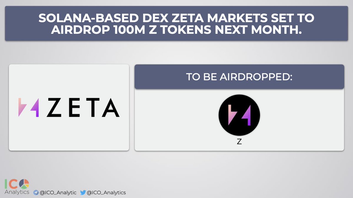 Solana-based DEX @ZetaMarkets set to airdrop 100M $Z tokens next month. The Z token will have a total supply of 1 billion, with 10% or 100 million, set to be distributed through an airdrop.