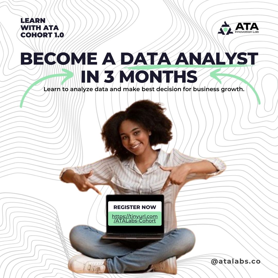 ata_labs's tweet image. Hi guys,

Join ATA COHORT 1.0 today: tinyurl.com/ATALabs-Cohort We&apos;re your launchpad to success, Let&apos;s kickstart your journey into the world of data analytics.

#DataAnalysis101

#CareerGrowth
#DataAnalyticsCourse
#Innovatewithata
#ATA
#ChatGPT