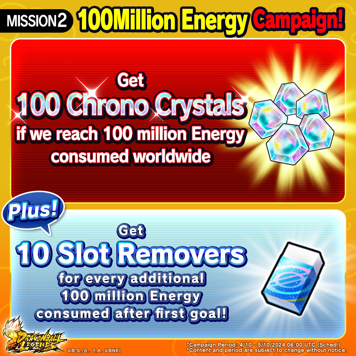 ／ Mission 2: 100 Million Energy Campaign! ＼ Use 100 million Energy worldwide to get 100 Chrono Crystals! Plus, get 10 Slot Removers for every additional 100 million Energy used after that! Period: ~5/10 6:00 (UTC) (Sched.) #100MillionUsers_SaiyanSaga #DBLegends #Dragonball