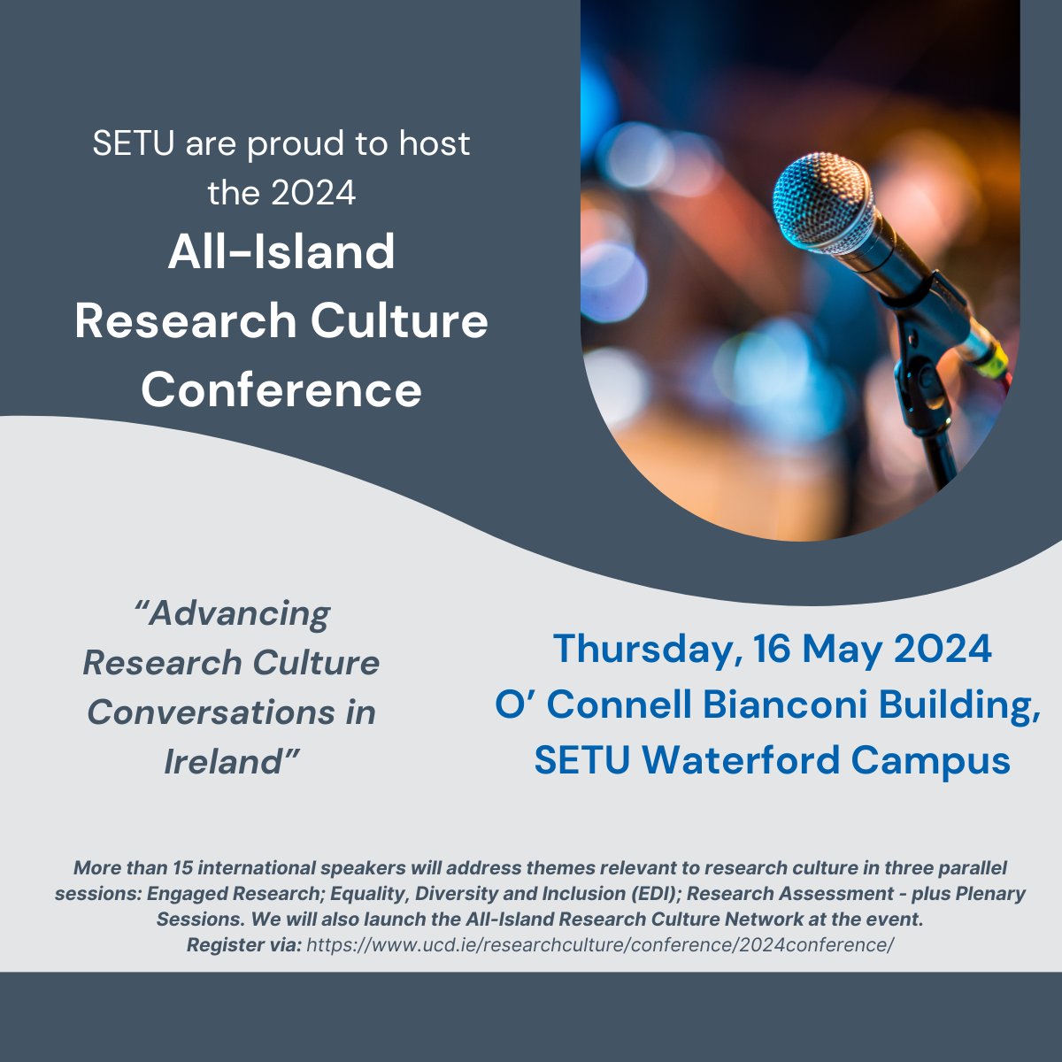 SETU will host the next All Island Research Culture Conference:

'Advancing Research Culture Conversations in Ireland' 

Thursday 16th May 2024 - 

O'Connell-Bianconi Building, SETU, Waterford Campus

Register via: ucd.ie/researchcultur…

#SETUResearch #ResearchCulture #SETU…