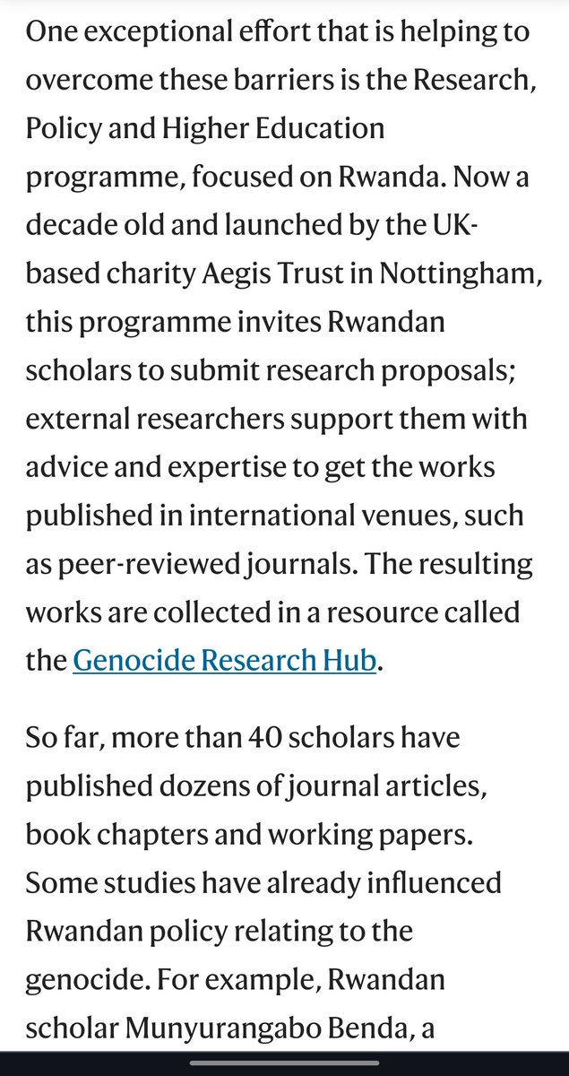 After the @Nature article last week, the journal editors highlight the impact of the Research, Policy & Higher Education programme @Aegis_Trust in Kigali, funded by @FCDOGovUK & @Sida. 10 years supporting the #Rwanda|n research community. #Kwibuka30 #RwOT nature.com/articles/d4158…