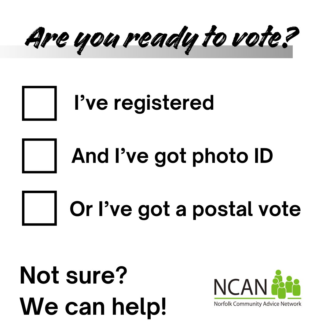 ⏱️ Got 2 minutes? Make sure you are ready to vote in the next election! 1 - Register to vote 2 - Check you have either 🪪 Photo ID or ✉️ a postal vote ⁉️ Need more information? @norfolk_advice can help! Go to ncan.co.uk/vote to find out more and get ready to vote