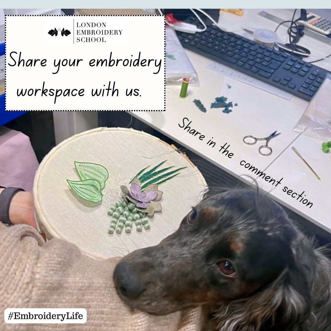 We'd love to see your embroidery workspace, whether it's tidy and organized or a creative chaos of materials and threads. Share where the magic happens! . . #londonembroideryschool #workspace #embroidery #creativespace #embrodieryspace #showandtell #share