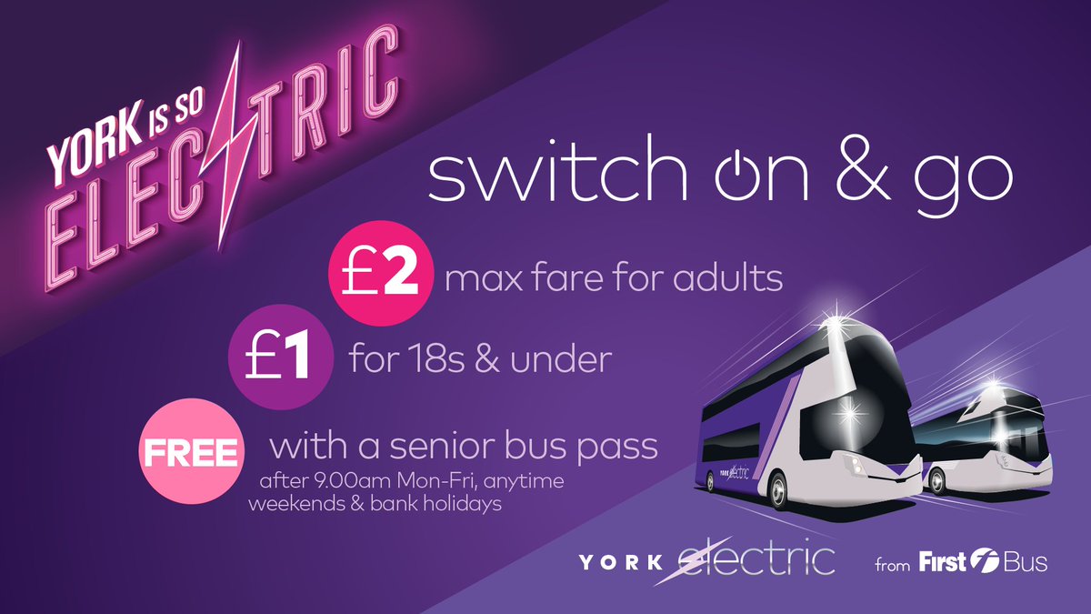 Switch on & go with £2 max fares for adults, £1 for 18s and under or FREE with a senior bus pass. 👨👩👴 Watt's not to love! Find out more about our new electric buses here: bit.ly/3M1KO35 🚍