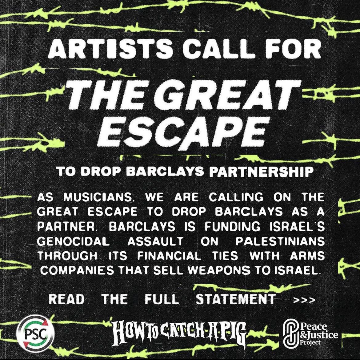 🚨 More than 200 artists call on @thegreatescape festival to cut ties with Barclays. We cannot allow the war machine to whitewash its reputation using our music festivals and cultural institutions. 📄 Read the full statement and list of signatories: bit.ly/4aLAfeC